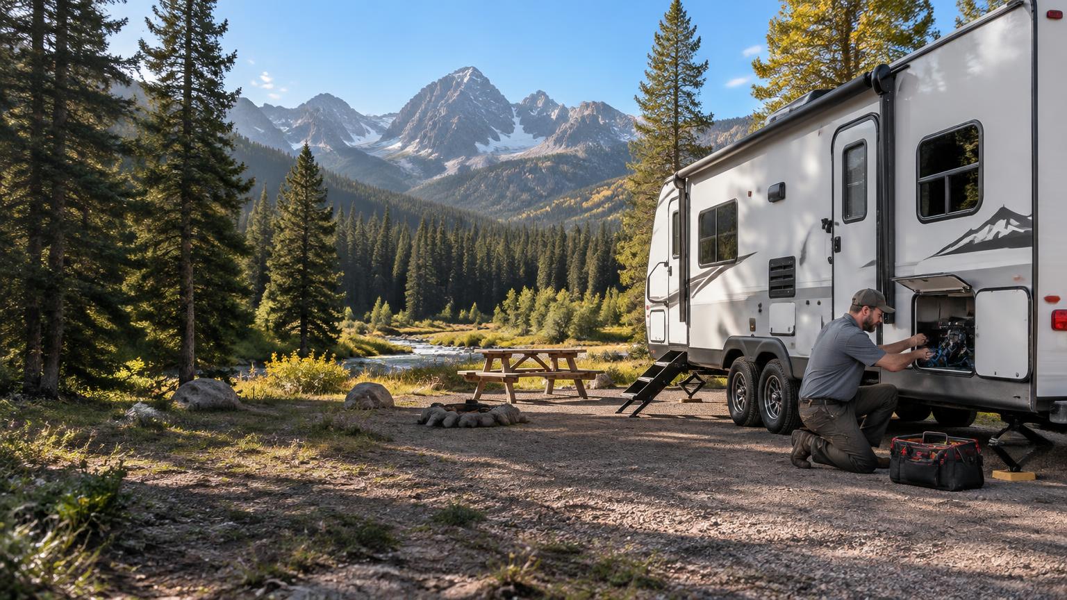 Technician repairing a travel trailer at a mountain campground near Durango