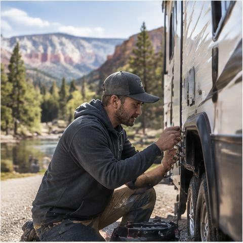 Technician working on the exterior of a travel trailer